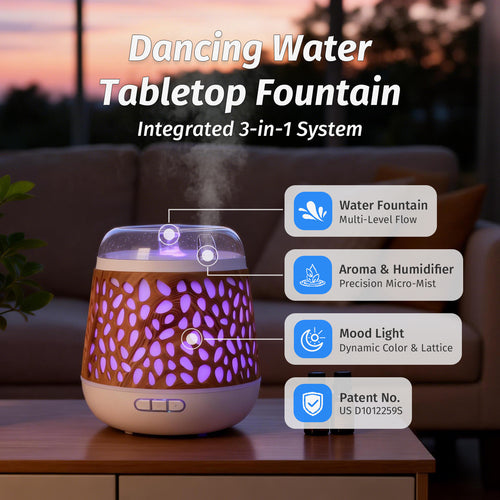 Dancing Water Aromatherapy Diffusers Humidifier Tabletop Fountain Essential Oil Diffuser 8 Colors Mood Light, Water Flow Sounds, White Noise, 500ml Water tank, Home Zen Decor