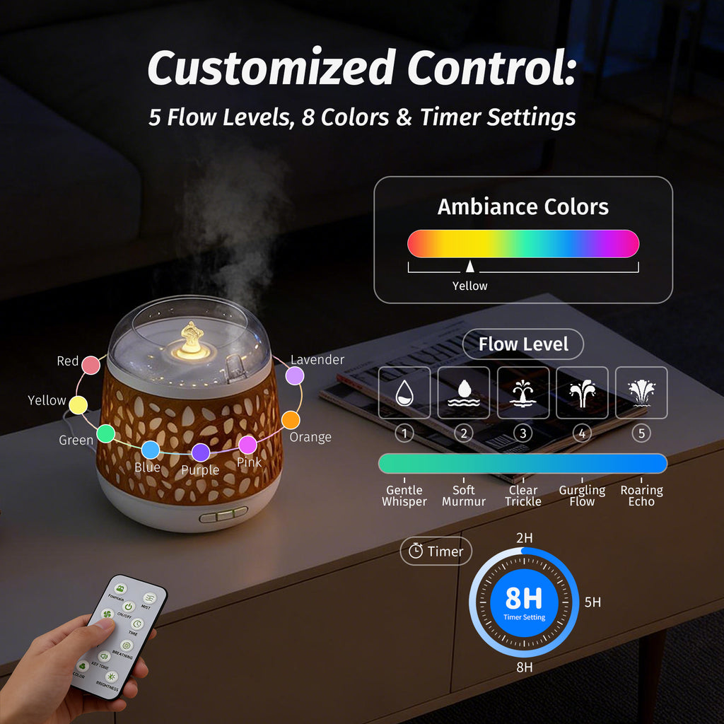 Dancing Water Aromatherapy Diffusers Humidifier Tabletop Fountain Essential Oil Diffuser 8 Colors Mood Light, Water Flow Sounds, White Noise, 500ml Water tank, Home Zen Decor